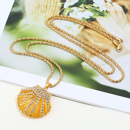 Metal Fan Shell Rhinestone Long Necklace