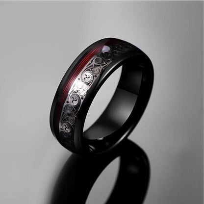 8mm Wide Electroplated Black Spiral Red Guitar String Tungsten Steel Ring