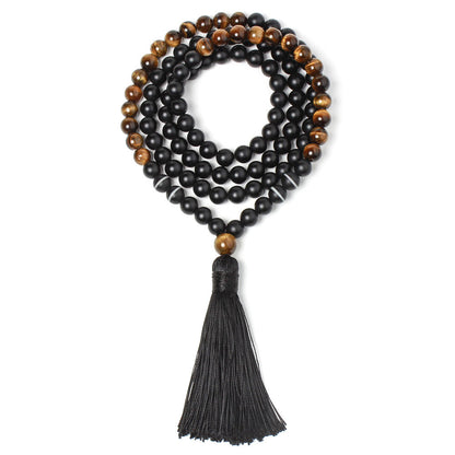 Stone rosary black agate tassel necklace long necklace sweater chain