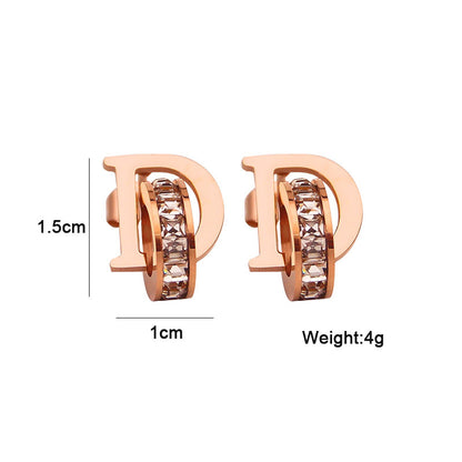 Letter Square Diamond Double Ring Rose Gold Stud Earrings