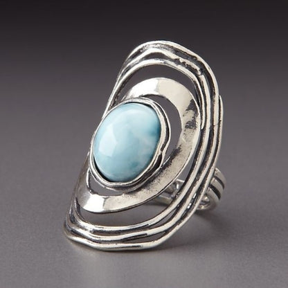Round Hollow Retro Minority Design Blue Gemstone Ring