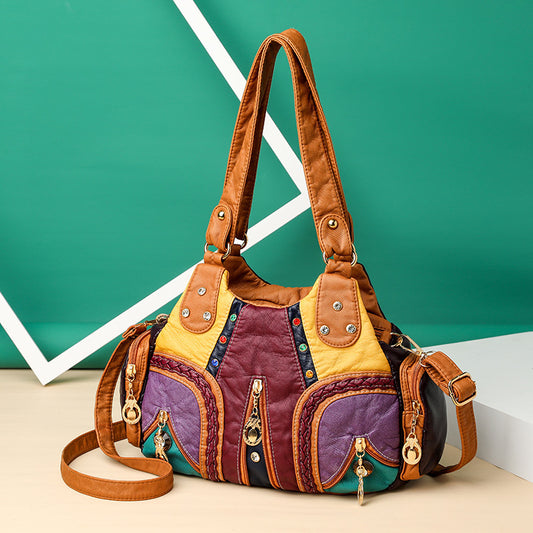 Große, mehrlagige Handtasche aus gewaschenem Leder mit farbigem Mosaik