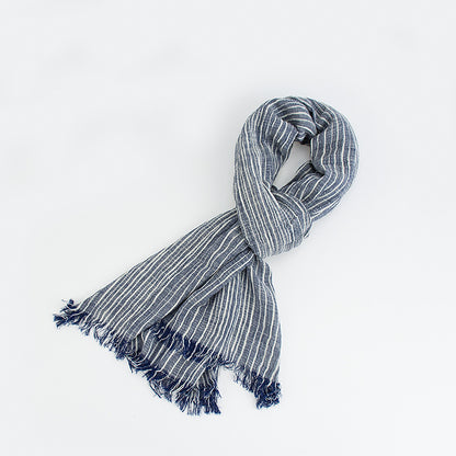 Cotton And Linen Scarf Japanese Literary Style Striped Fringed Drape