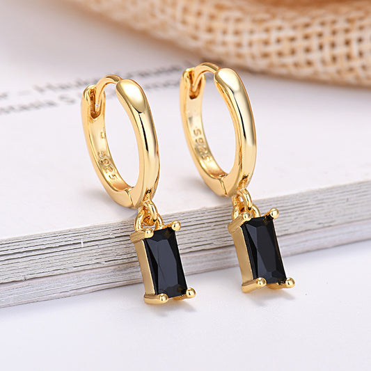 Silver Pin Rectangular Colored Zirconia Earrings