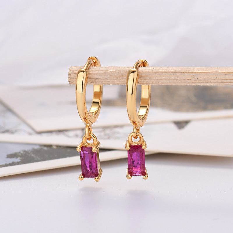 Silver Pin Rectangular Colored Zirconia Earrings