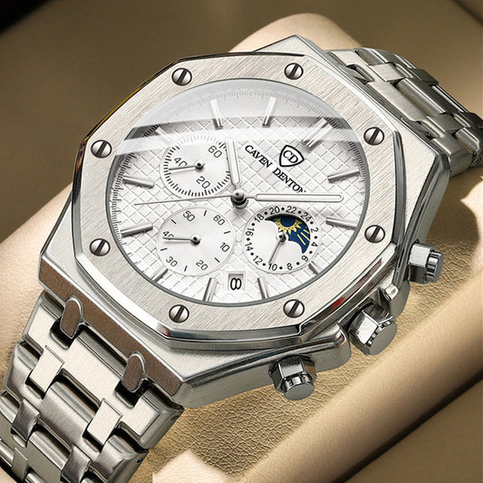 Waterproof High-grade Three Eyes And Six Needles Multi-functional Moon Phase Men's Steel Strap Watch