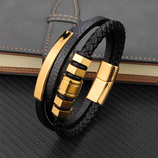 Hexagon 3-Color Stainless Steel Leather Cord Bracelet