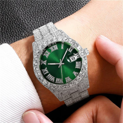Diamond Roman Steel Belt Calendar Men's Quartz Watch