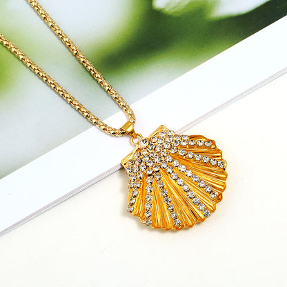 Metal Fan Shell Rhinestone Long Necklace