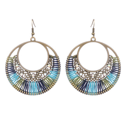 Ethnic Style Earrings Handmade Woven Hollowed Round Ring Earrings