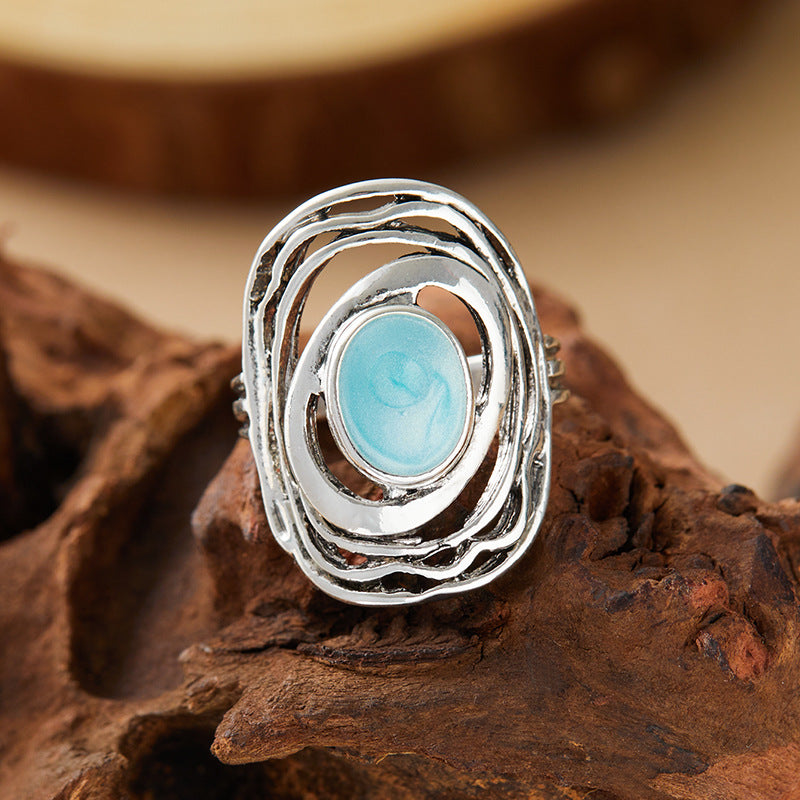 Round Hollow Retro Minority Design Blue Gemstone Ring