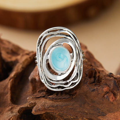 Round Hollow Retro Minority Design Blue Gemstone Ring