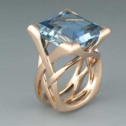 Fashion Diamond Hollow Gold Inlaid Square Blue Stone Personality Ring