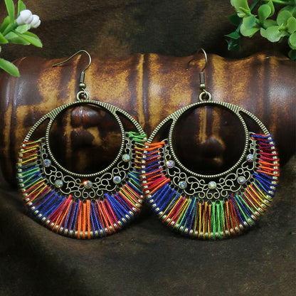 Ethnic Style Earrings Handmade Woven Hollowed Round Ring Earrings