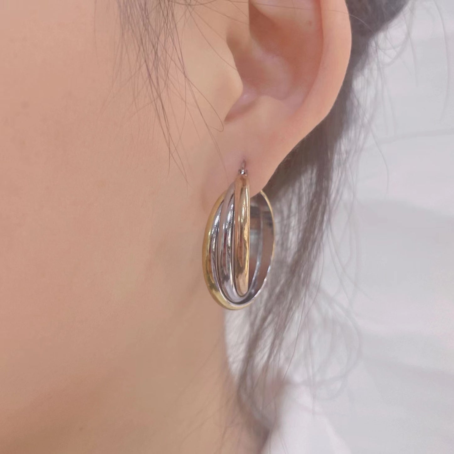 Stainless Steel Three-ring Multi-layer Overlapping Gold Earrings