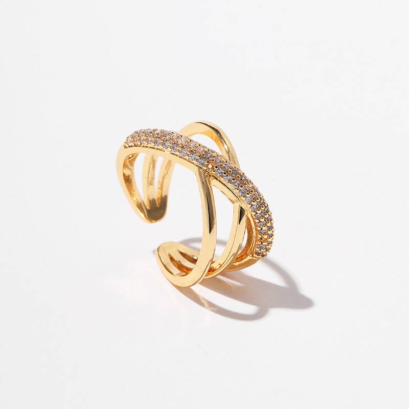New European And American Zircon Three-layer Cross Ring For Women