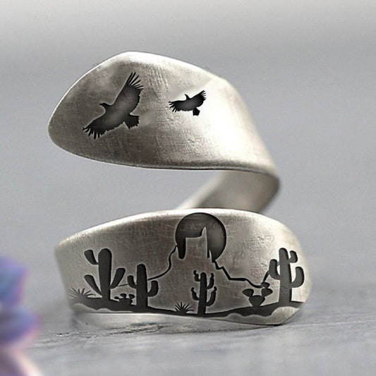 Retro Ring Creative Desert Cactus Sunset River Eagle Ring