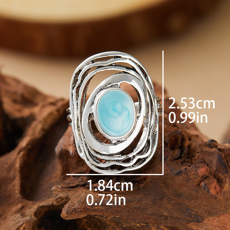 Round Hollow Retro Minority Design Blue Gemstone Ring