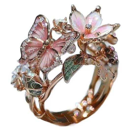 INS Flower Butterfly Ring With Rhinestones And Oil Dropping Design Fashion Personalized Jewelry For Women