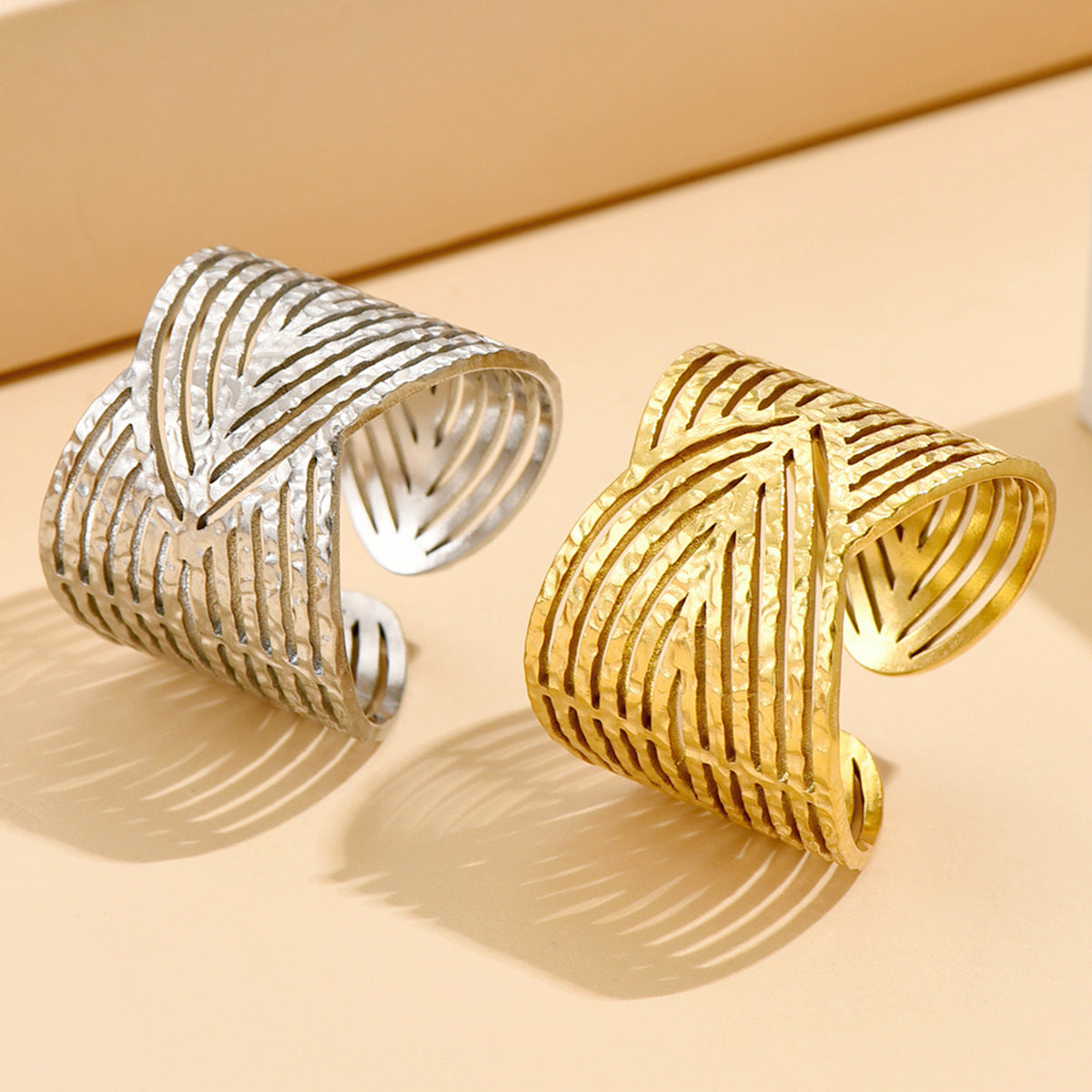 Elegant Retro Twin Style Wide Surface Stainless Steel Ring Female Adjustable