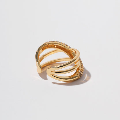 New European And American Zircon Three-layer Cross Ring For Women