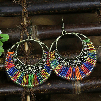 Ethnic Style Earrings Handmade Woven Hollowed Round Ring Earrings
