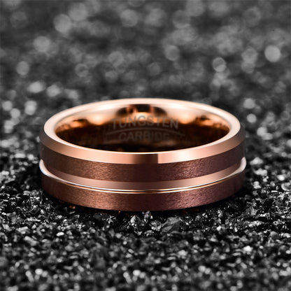 Brown Rose Gold Middle Groove Beveled Tungsten Steel Ring