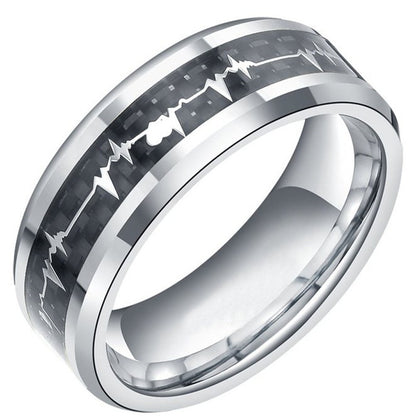 8mm Wide Tungsten Gold Ring Inlaid With ECG Carbon Fiber Jewelry