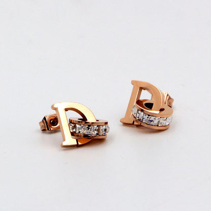 Letter Square Diamond Double Ring Rose Gold Stud Earrings