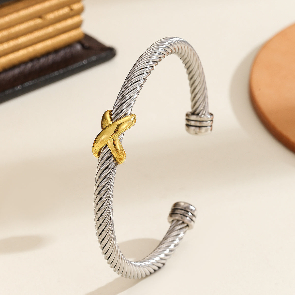1PCS Fashionable Personalized 8-character Cross Steel Wire Bracelet,Open Bracelet, Simple Versatile Trendy Diamond Bracelet, Suitable For Men And Women To Wear, Holiday Jewelry Gift