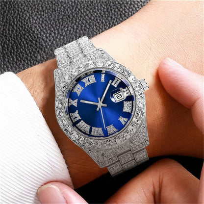 Diamond Roman Steel Belt Calendar Men's Quartz Watch