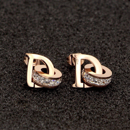 Letter Square Diamond Double Ring Rose Gold Stud Earrings
