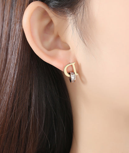 Letter Square Diamond Double Ring Rose Gold Stud Earrings