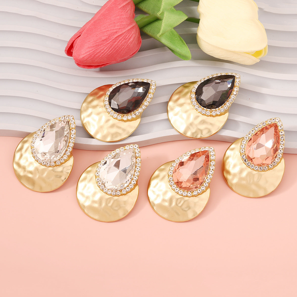 Drop Shape Inlaid Color Diamond French Exaggerated Earrings