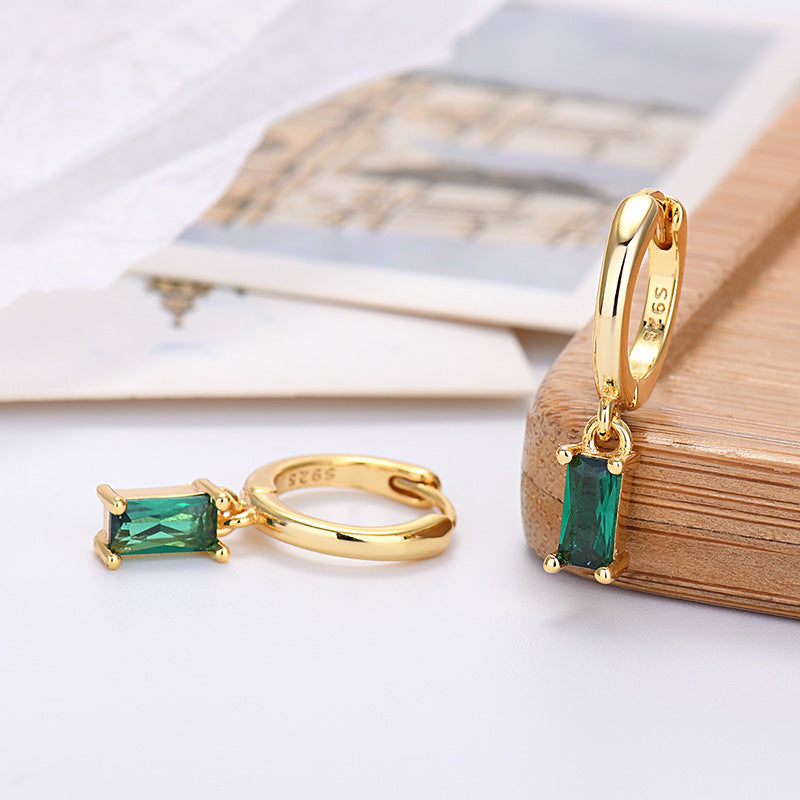 Silver Pin Rectangular Colored Zirconia Earrings