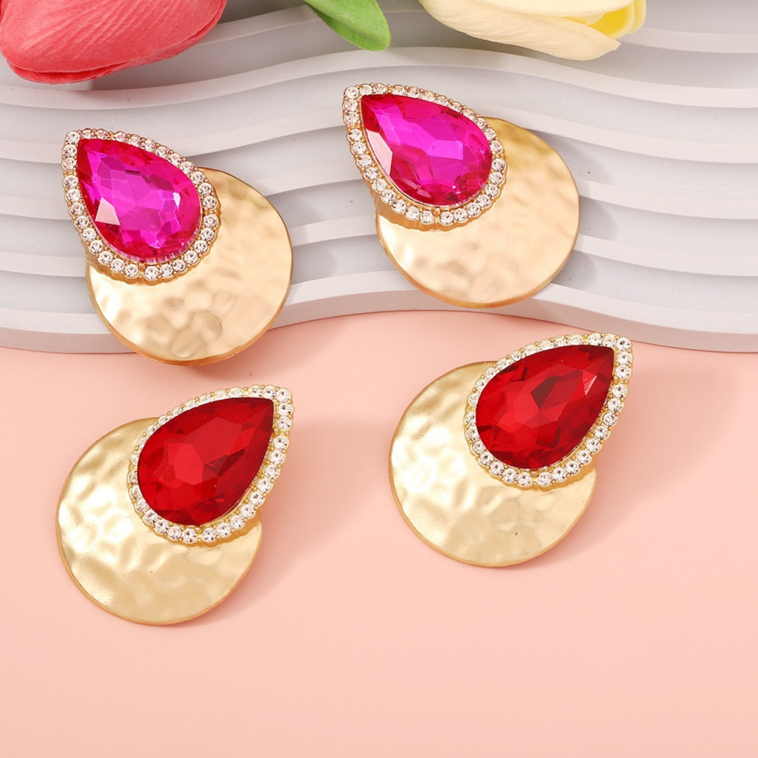 Drop Shape Inlaid Color Diamond French Exaggerated Earrings