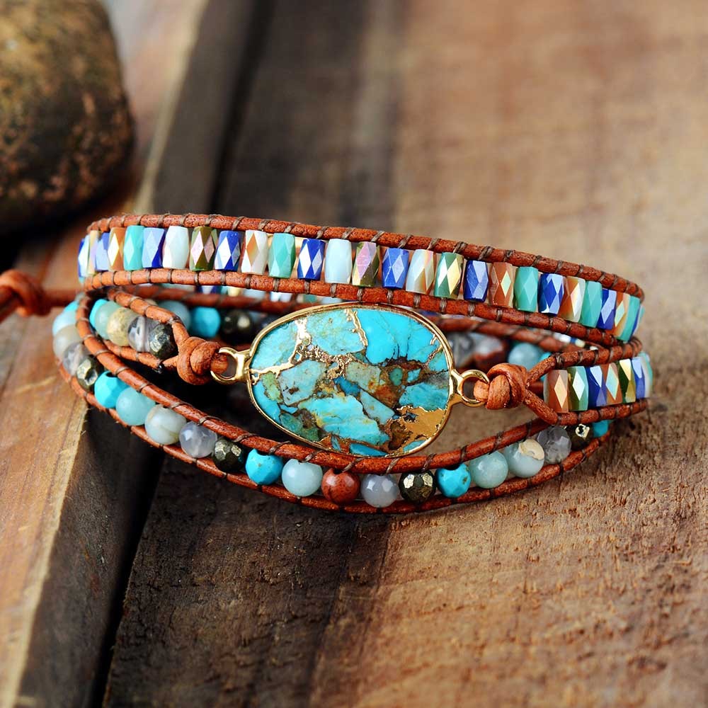 Natural Turquoise Edging Handmade Ethnic Crystal Braided Bracelet