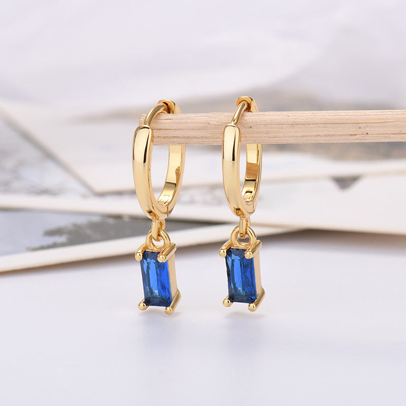 Silver Pin Rectangular Colored Zirconia Earrings