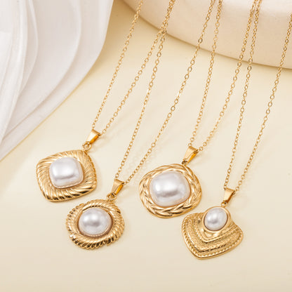 Titanium Steel Die-casting Pendant Non-fading Inlaid Shell Pearls Necklace For Women